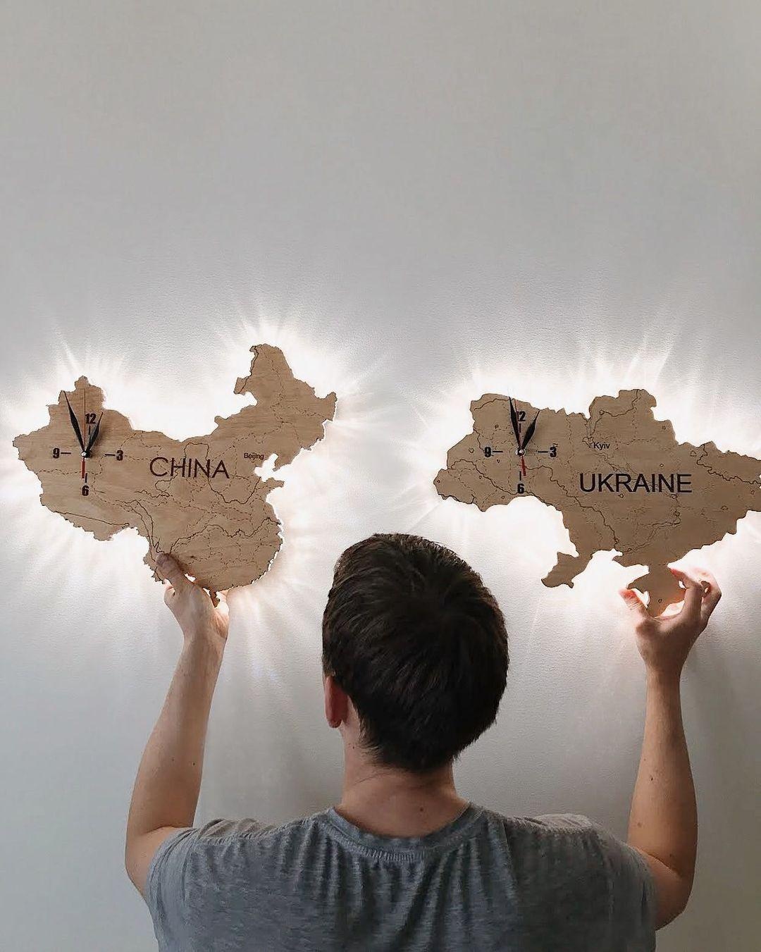 Wooden map of Ukraine clock with backlighting