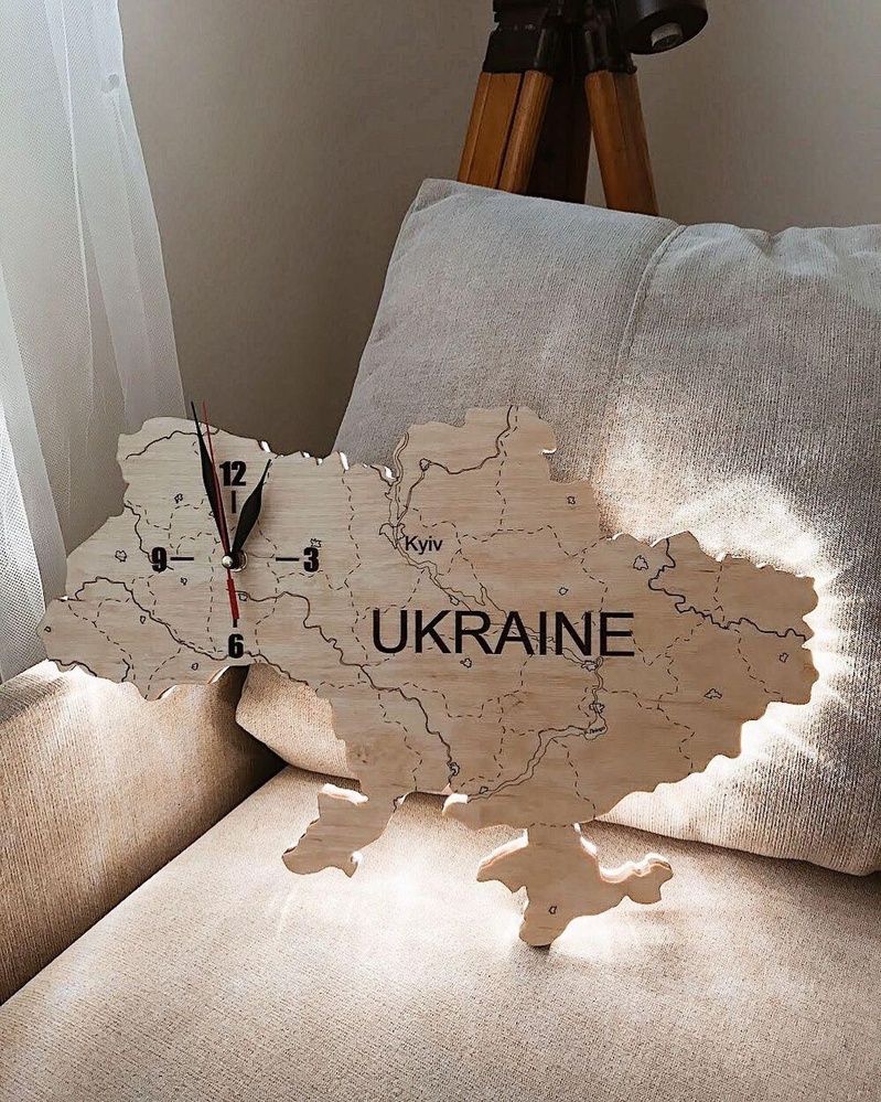 Wooden map of Ukraine clock with backlighting